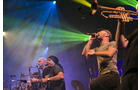Download Foto: Eine Band spielt auf der Bühne mit bunten Lichtern. Ein Sänger singt energisch, während Bläser im Hintergrund musizieren.